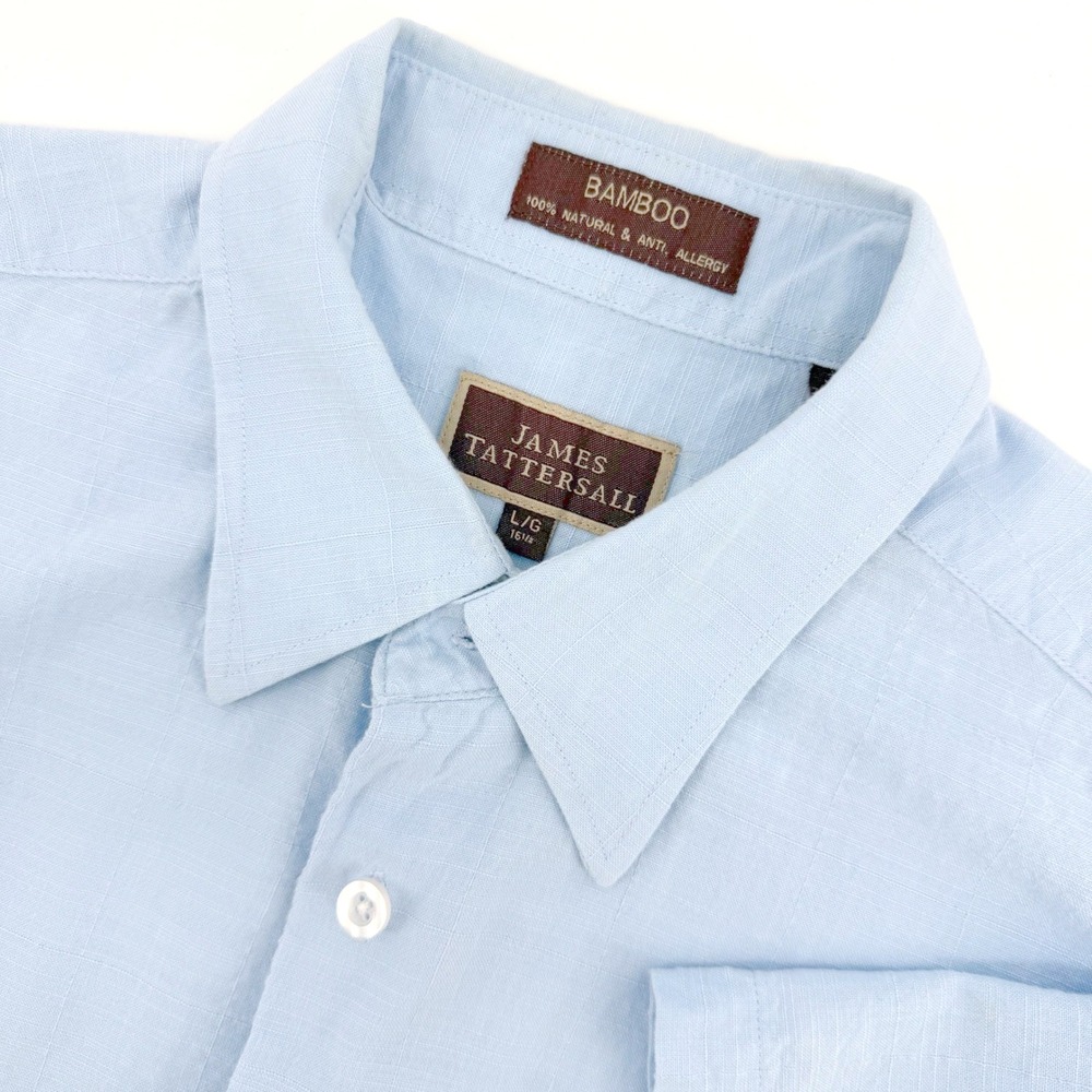 James Tattersall Bamboo Shirt Mens Large Blue Short Sleeve Grid Lightweight Cool